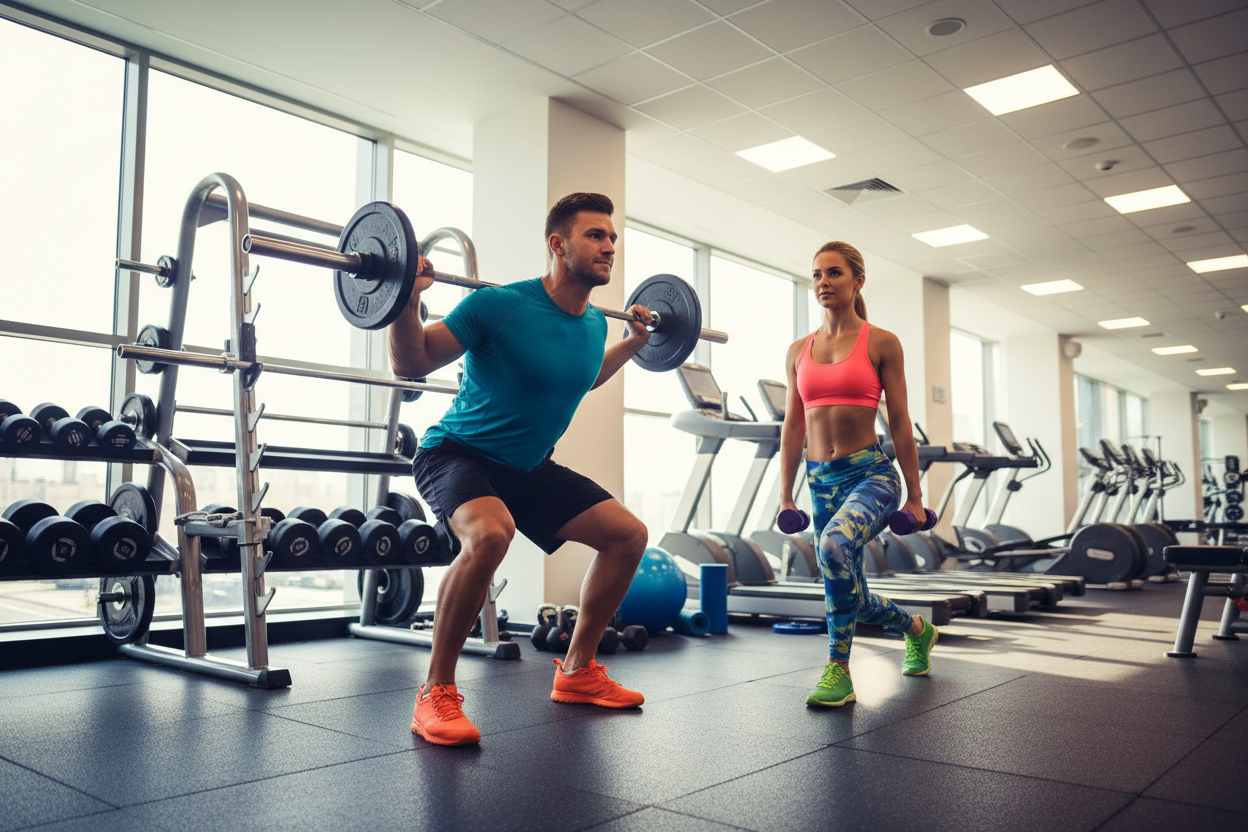 man and women exercising int he gym